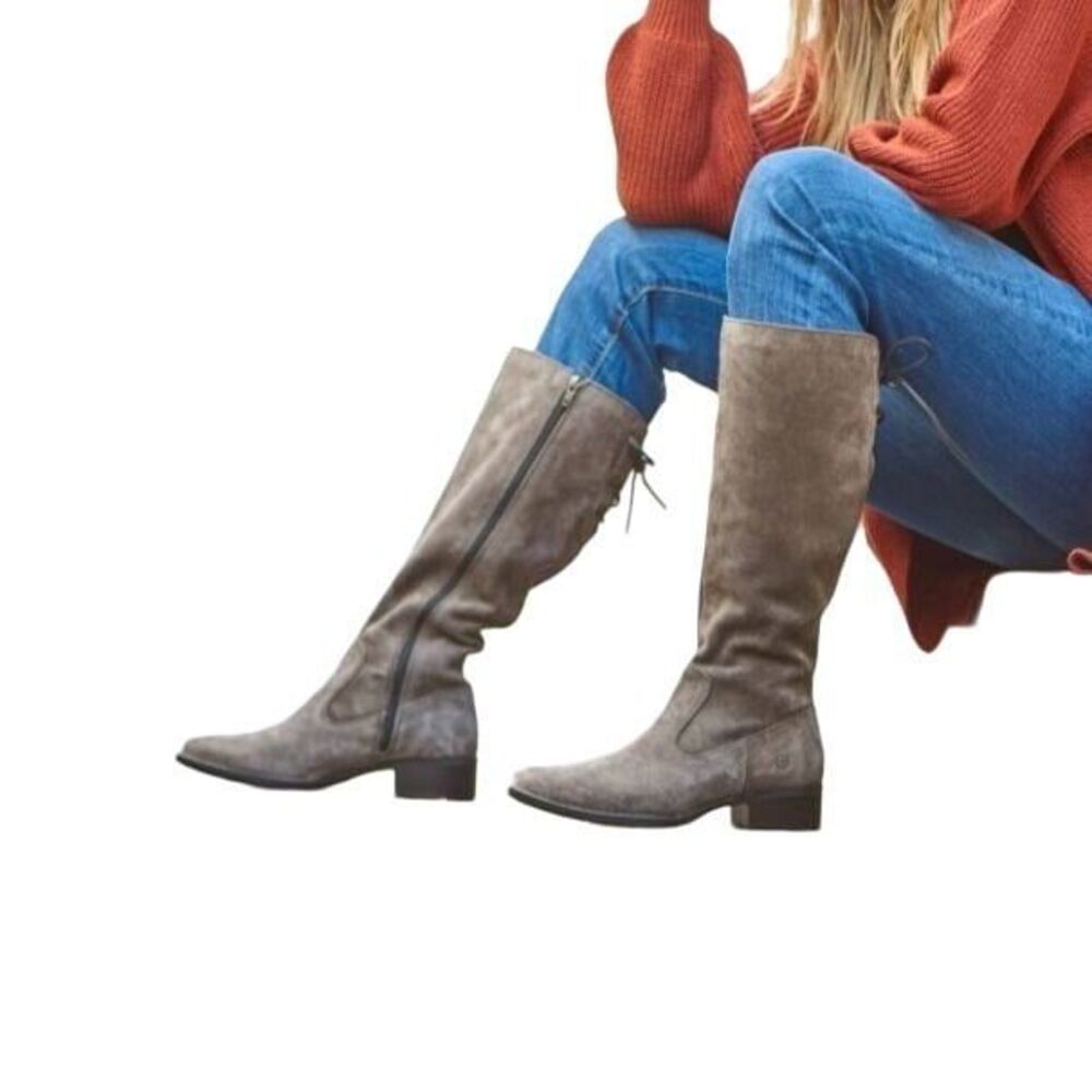 Born Cotto NWB Sz 8 Gray Suede  Leather  Lace Up Back Tall Boots
